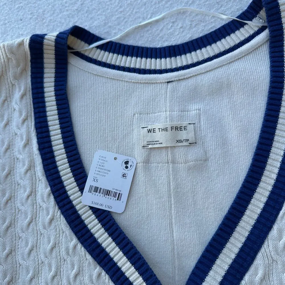 Free People We The Free Varsity Cardigan Women's XS Ecru Blue Slouchy Cable Knit - Picture 6 of 9